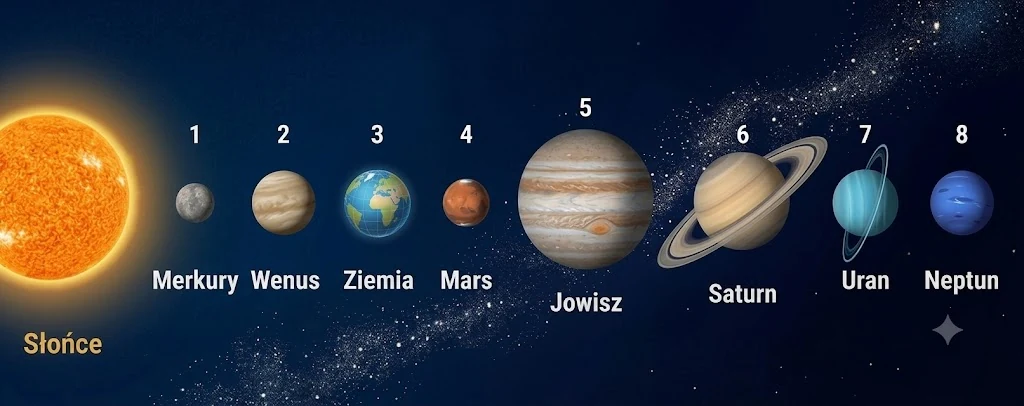 Układ Słoneczny: Słońce i osiem planet w kolejności od Merkurego do Neptuna